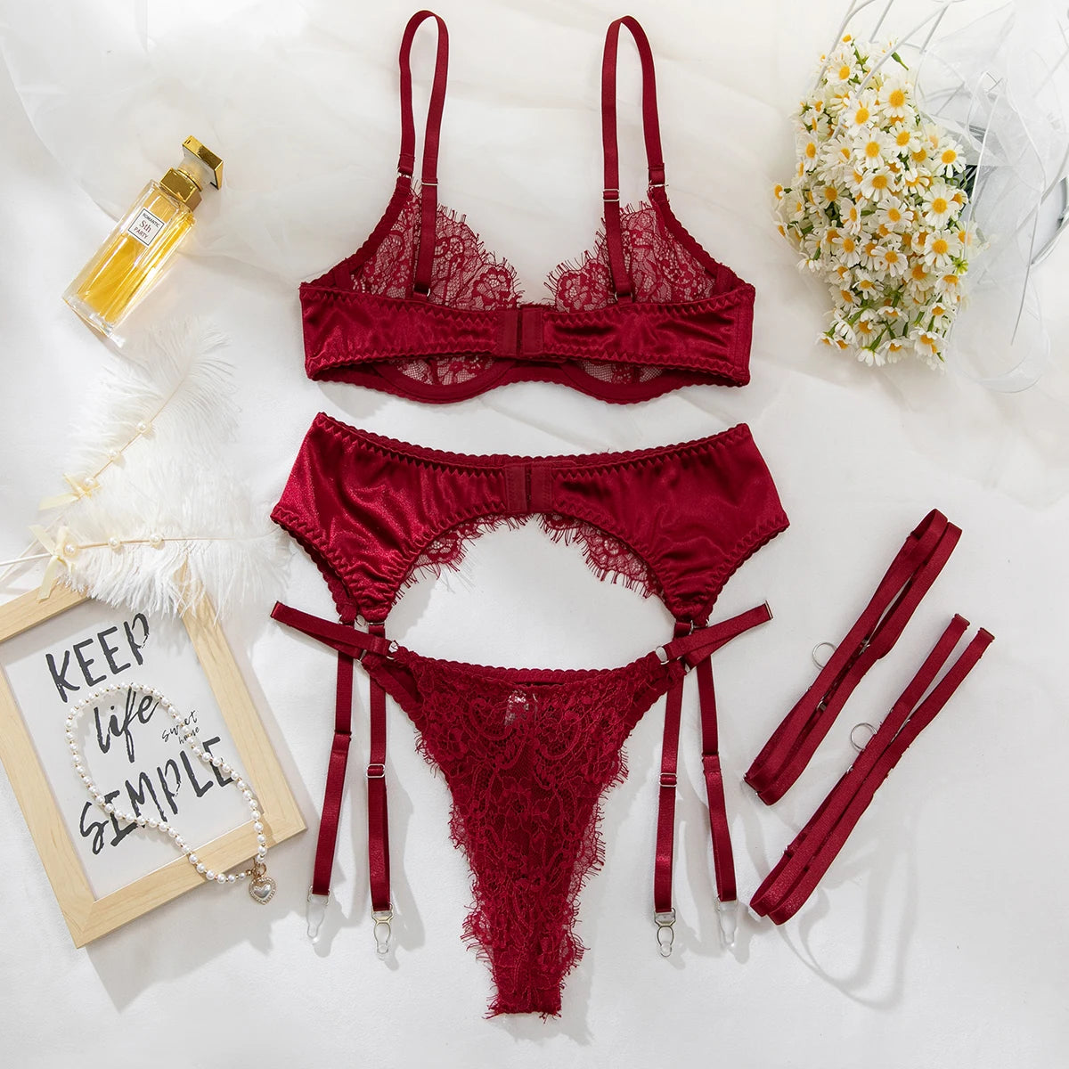 Sexy Lace Lingerie Set with Garter Belt and Leg Strap,   Intimate Wear for Women,  Elegant Bra & Panty Set for Special Occasions