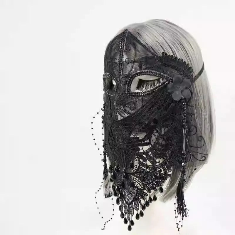 Beauty Mysterious Full Face Black Lace Veil Mask, Holiday Birthday Singing Party Internet Celebrity Dance Adult Mask