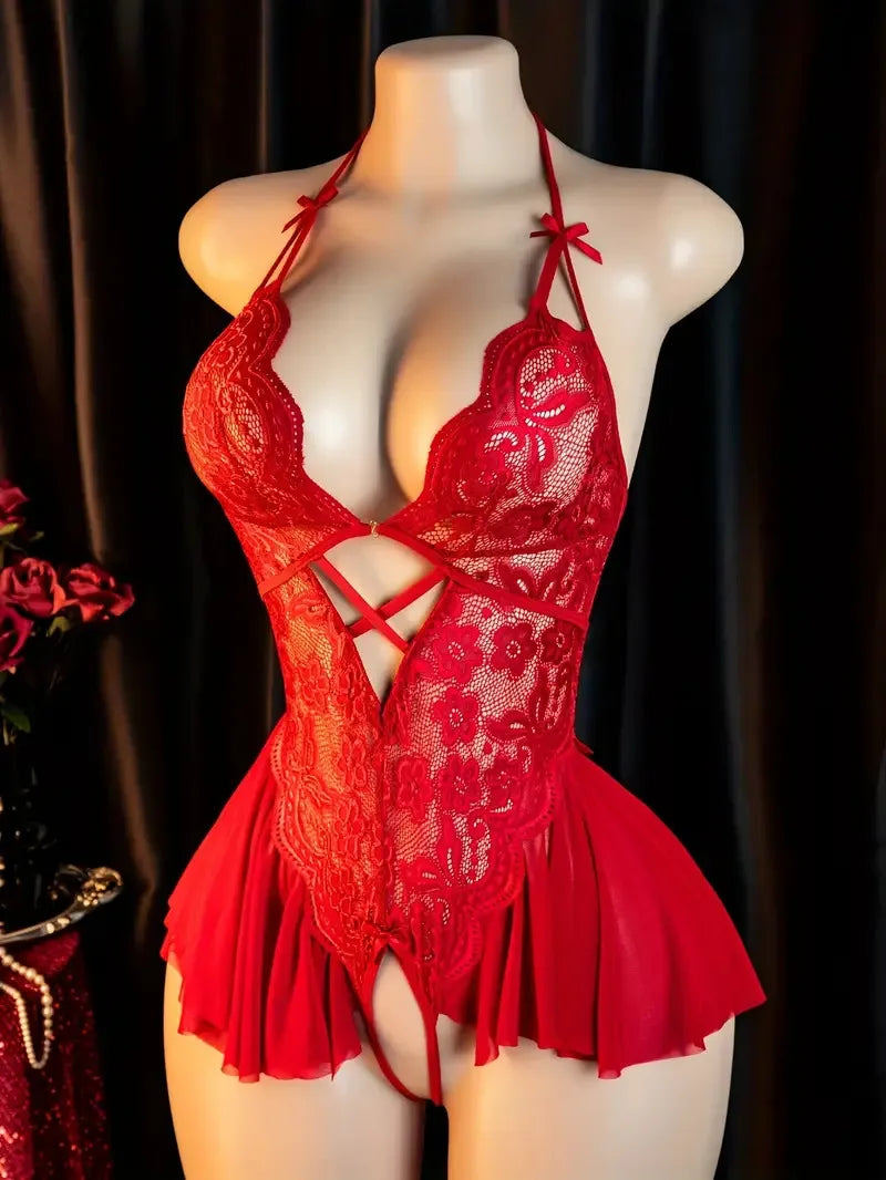 Red Hanging Neck Lingerie Adult Erotic Costume Deep V Bra Crotchless Woman Underwear Sex Night Open Dress Bodysuit Sexy Jumpsuit