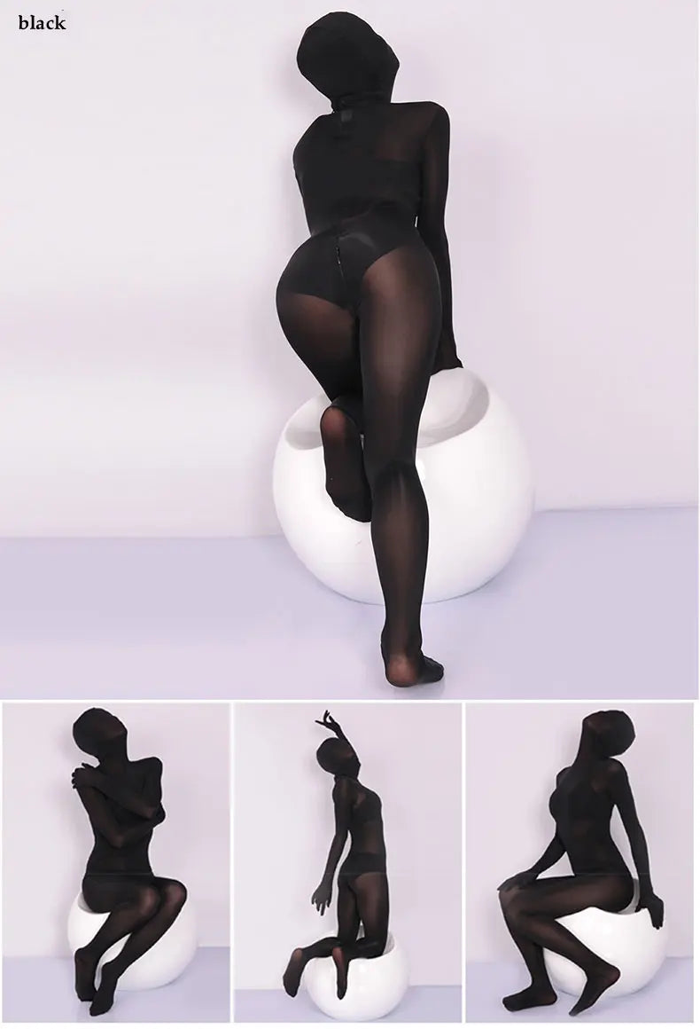Sexy See Through Ice Silk Full Wrap One-piece Tight Jumpsuit High Elastic Home Corset Zipper Open Crotch Bodysuit
