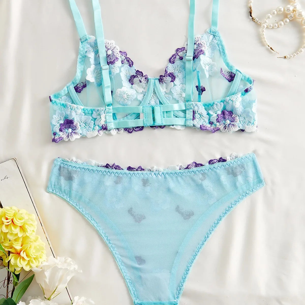 Pink Floral Lace Lingerie Set for Women Embroidered Mesh Bra & Panty Set Sexy Underwear with Sheer Design