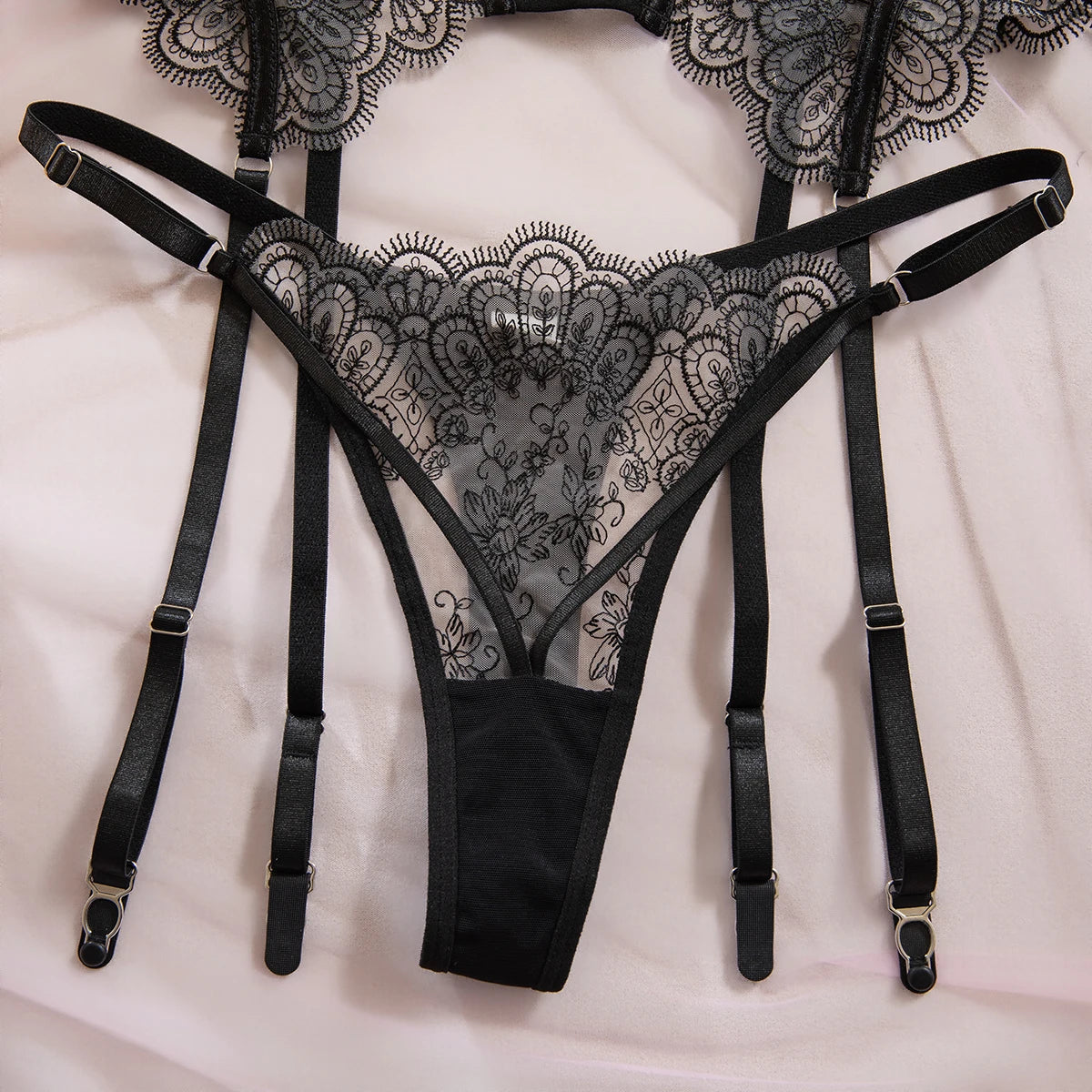 Women Lace Corset Lingerie Set Sheer Mesh Bustier Top With Garter Straps Thong 3 Piece Erotic Outfit For Valentine's Day Honeym