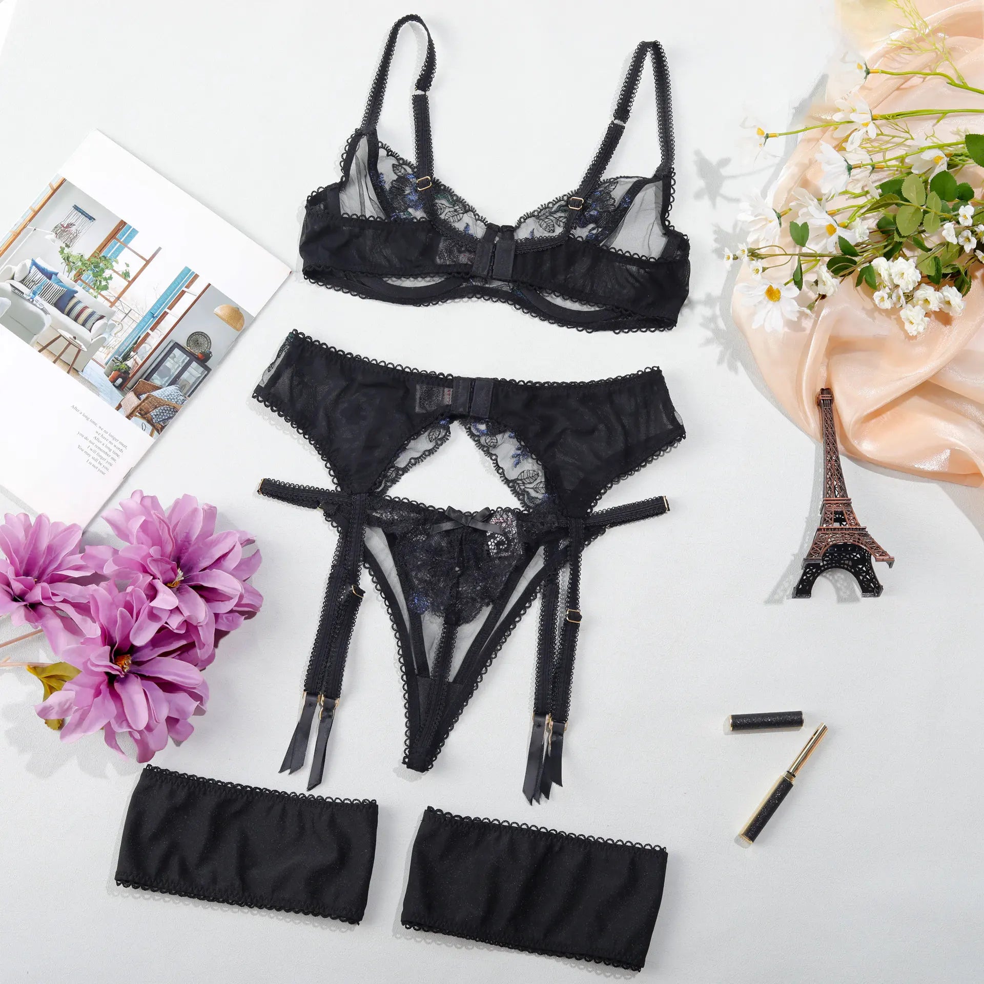 Lingerie Women Sets Sexy Night See Through Lace Bra Panty Set Floral Garter Underwear Intimate Outfit Exotic Clothing