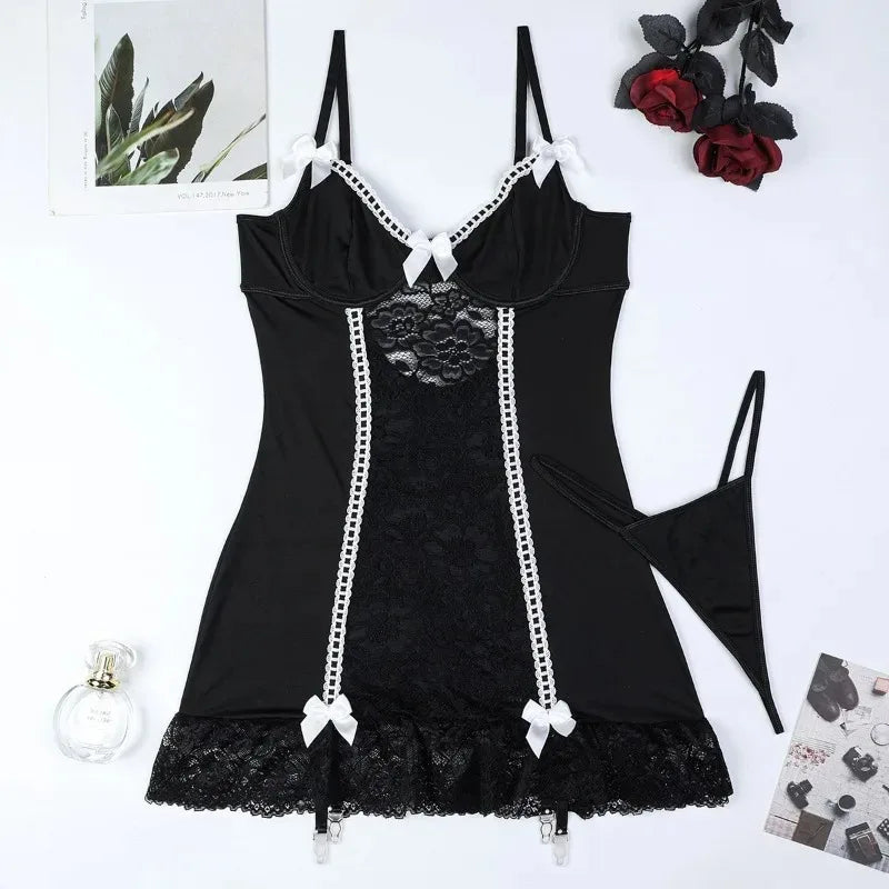 Floral Lace Babydolls Hot Sexy Lingerie Sets Women Transparent Embroidery Bow Exotic Chemises Night Dress with Thong Sex Outfit