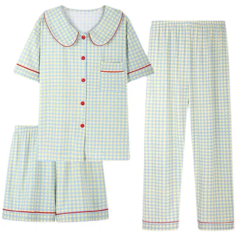 Three-Piece Women's Pajama Set, Plaid Button-Down Loungewear, Short Sleeve Cardigan Sleepwear, Casual Home Wear