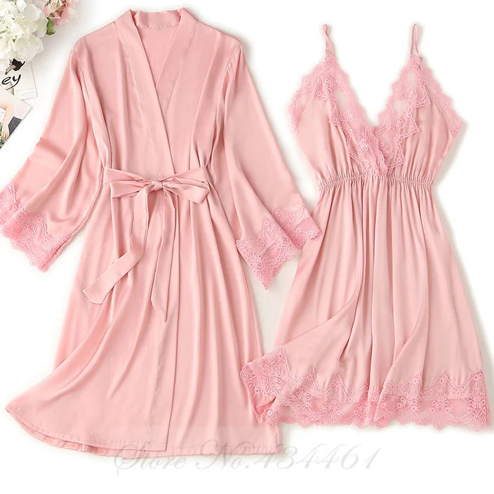 Sexy Lace Twinset Robe Set Nightgown Silky Satin Home Dress Lounge Wear Summer Female Sleepwear Kimono Bathrobe Gown Lingerie