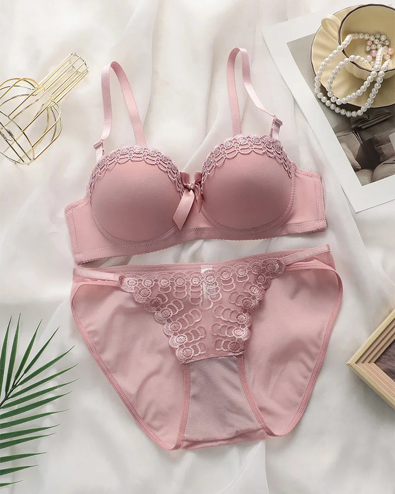 Women's Embroidered Lace Lingerie Set Sexy Push Up Bra with Underwire Bowknot Design Matching Panty Stylish Intimates for Girls