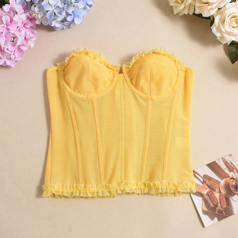 Women Sheer Lingerie Streetwear Lace-up Bustier Corset Tops Slim Backless y2k Tank Top Strapless Striped Sheath Sexy Camisole
