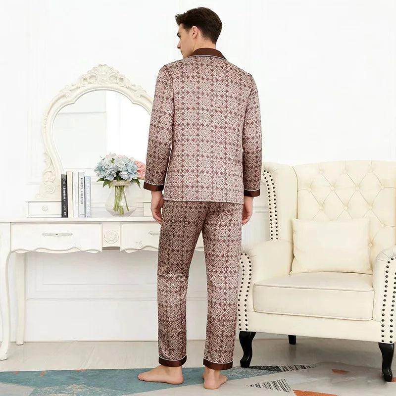 2PCS Men's Geometric Print Pajama Set Loungewear Spring New Thin Polyester Ice Silk Sleepwear Plus Size Homewear Pijamas Suit