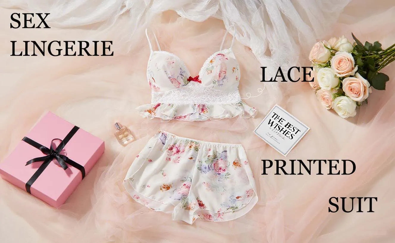 Plus Size Floral Lingerie Set - Chiffon Camisole with Lace Trim, Ruffled Shorts, Romantic Flower Print, Soft & Breathable. sexy