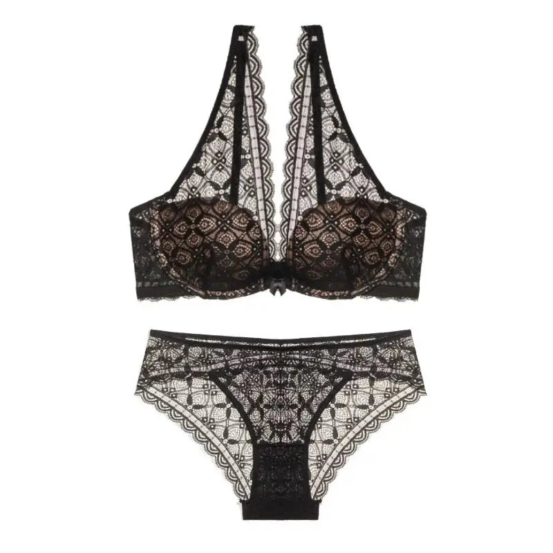 Sexy Lace Lingerie Set Deep V Plunge Bra Wireless Comfort Bralette Matching Bra Panty Set Women