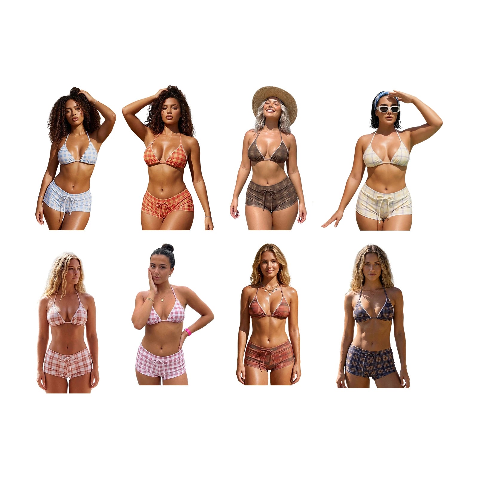 Women's Plaid Bikini Halter Neck Padded Bra Triangle Tops and Low Waist Boyshorts 2pcs Bathing Suit Summer Beach Swimwear