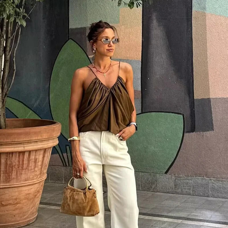 Women's Slip Tops Fashion Satin Pleated V-Neck Sleeveless Top Summer Sexy Female Chic Tops