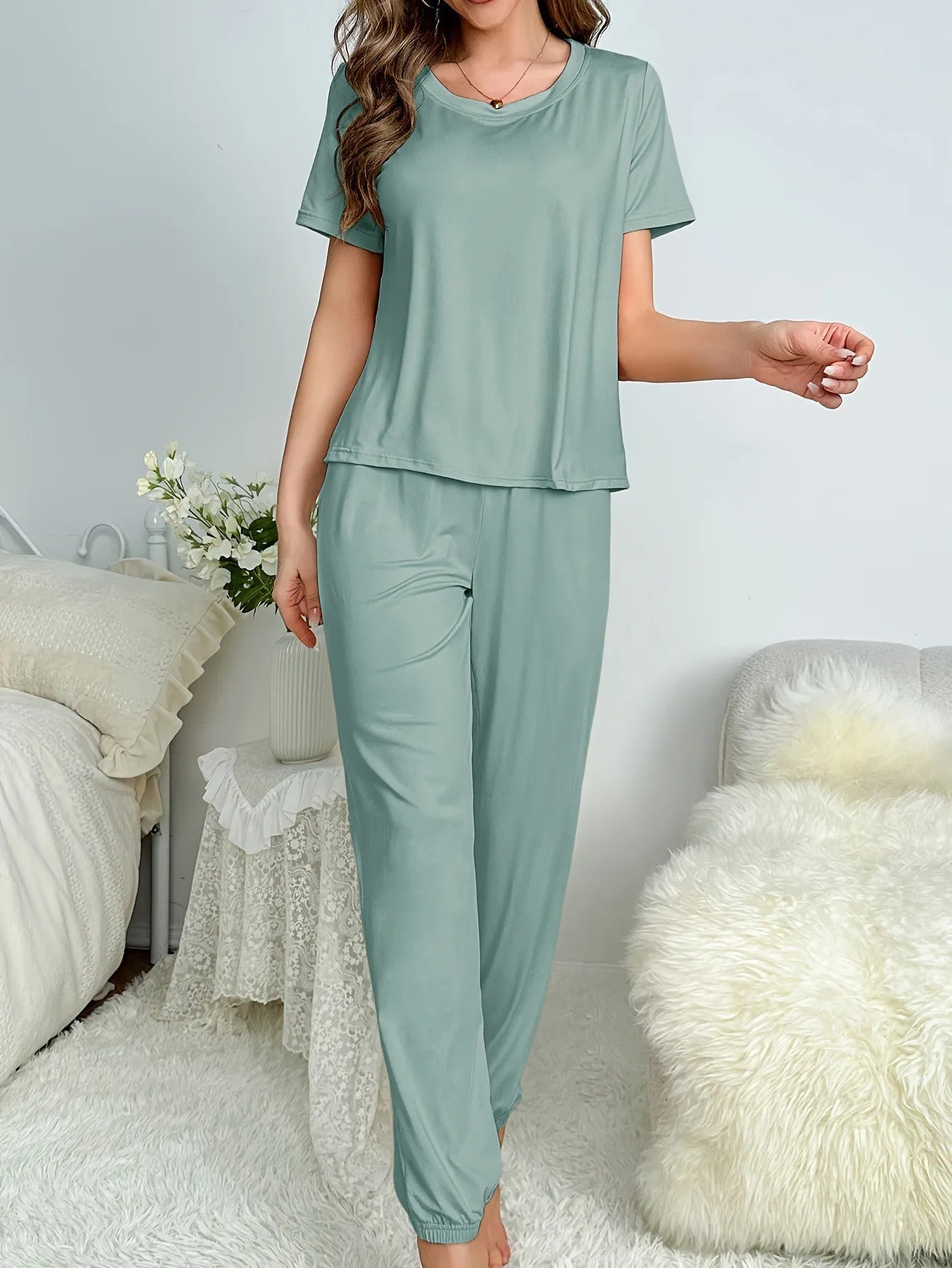 Women's Pajamas Set Solid Color Short Sleeve O Neck T-Shirt+Trousers 2 Pieces Suit Sleepwear Soft Loose Pijama Female Loungewear
