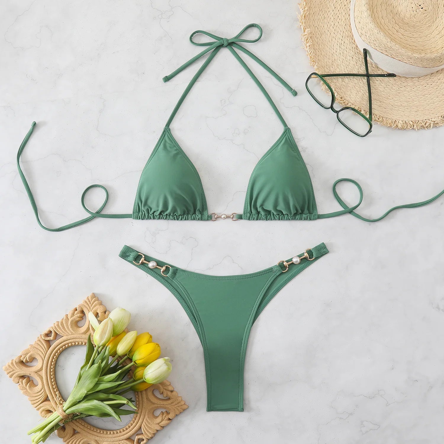 New Two-Piece Bikini Set Sexy Triangle Tie-Up Swimsuit Beach Vacation Swimwear Summer Trendy Top Bottom Beachwear Resort Outfit