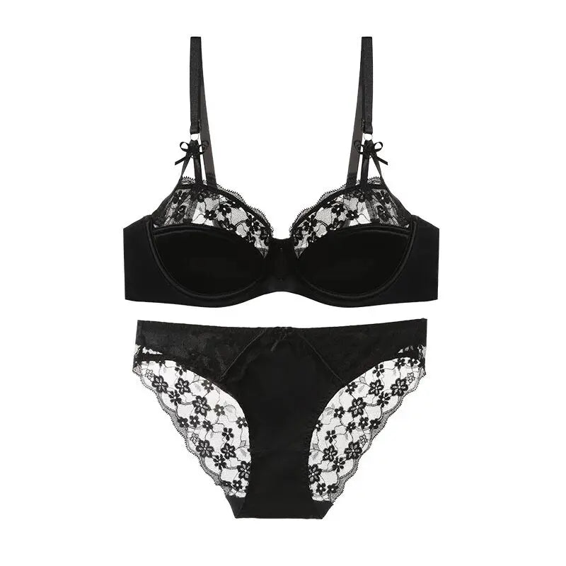 High Quality French Demi Cup Bra Set Soft Lace Thin Lightweight Side Support Anti Sagging Comfort Everyday Wear 32-38AB Bra Suit