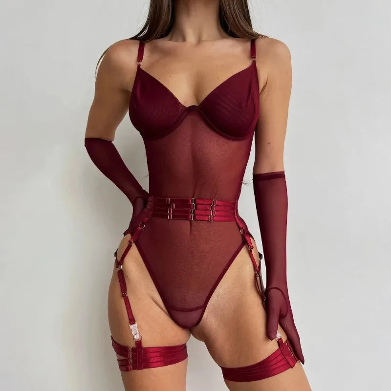 Sexy Sensual Lingerie Sets for Women See Through Mesh Lace Tight Bodysuit with Gloves Garter Exquisite Underwear Erotic Costumes