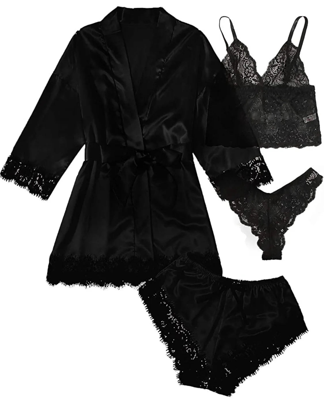 4PCS Satin Pajama Set with Robe - Lace Trim Cami Top & Shorts, The Viral Must-Have Elegant Loungewear for Women's Sleepwear