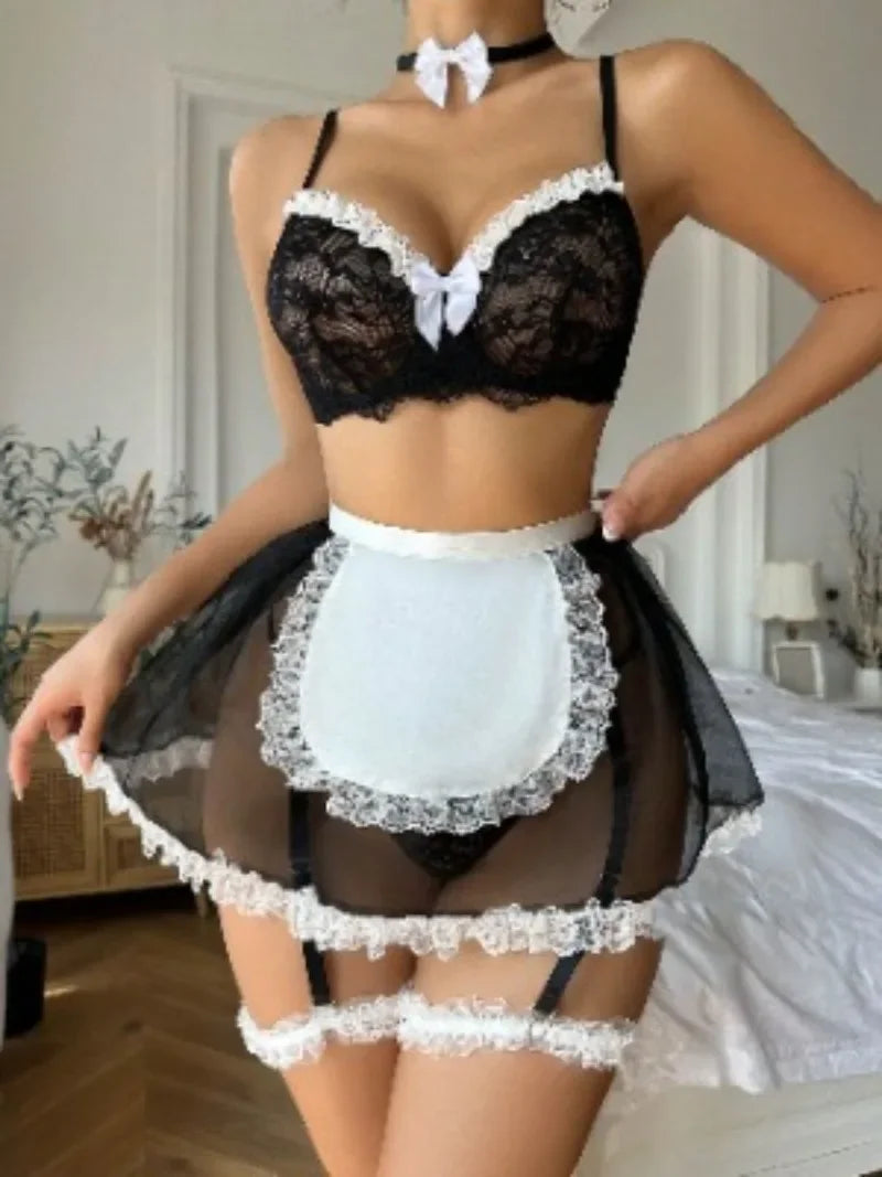 Lingerie Ultra Sexy Mesh Lace Bow Maid Sex Set Maid Uniform Night Dress Women Bra Set Nightgowns Sleepwear Women's Pajamas Dress