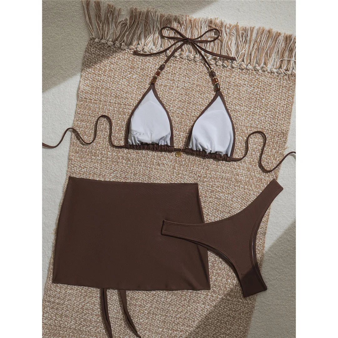 With Skirt Halter Bikini Women Swimwear Female Swimsuit Brazilian Padded Bather Bathing Suit Swim Three-pieces Bikini set