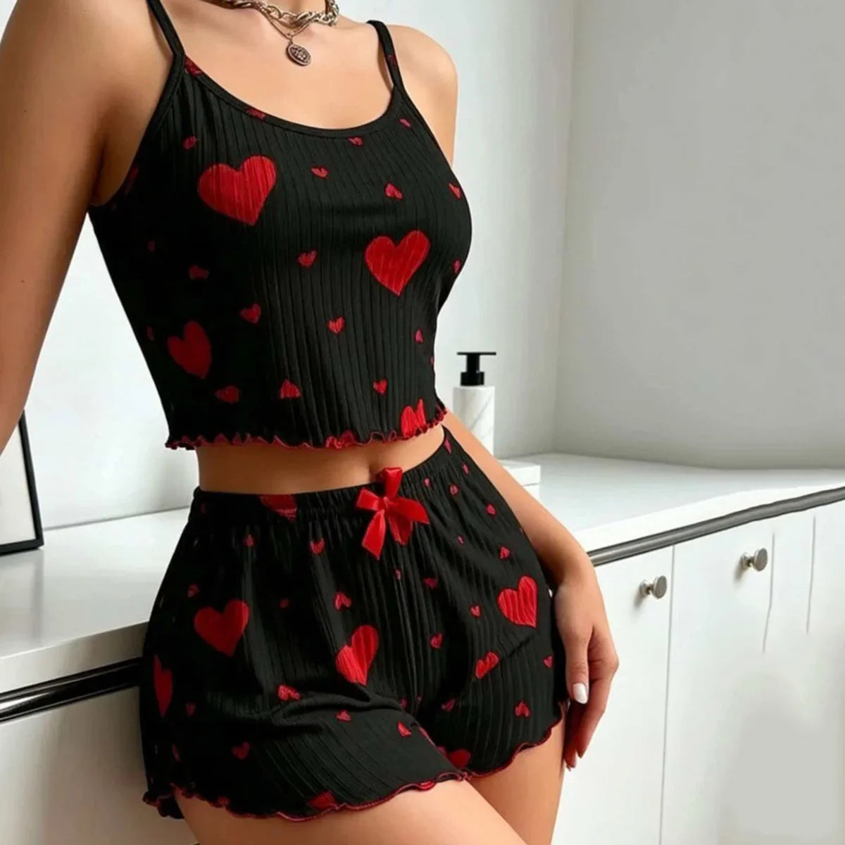 Women's Pajama Set Sexy Cute Kawaii Pajamas Women suspenders Sun-Tops Loungewear Set Shorts Y2K Lolita Heart Silk Sleepwear