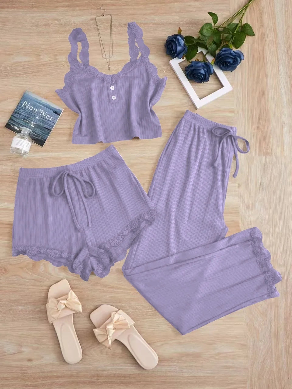 Summer 3PCS Pajama Sets for Women's Solid Vest Shorts and Pants Paired with Lace Splicing for Homewear Sexy Sleepwear Sets