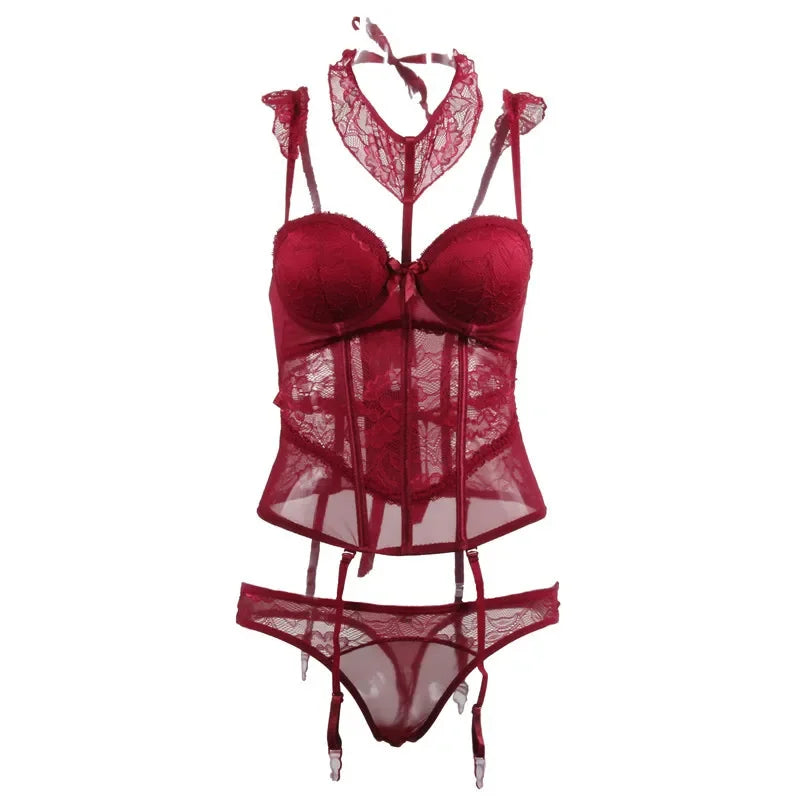 Sexy French Lace Corset Lingerie Women Fashion Underwear Halter Tops Lingerie Belt Transparent Tight Underwear Shapers Lingerie