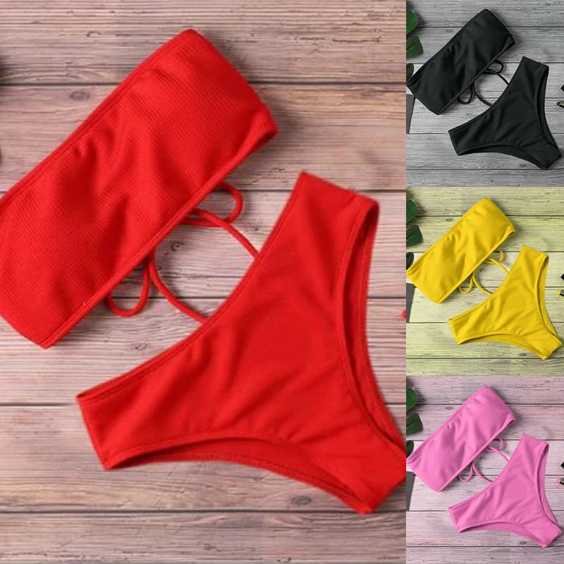 Sexy Bikini Swimwear for Women Solid Color Bikini Set Female Tube Top Padded Bathing Suit Summer Beach Wear New
