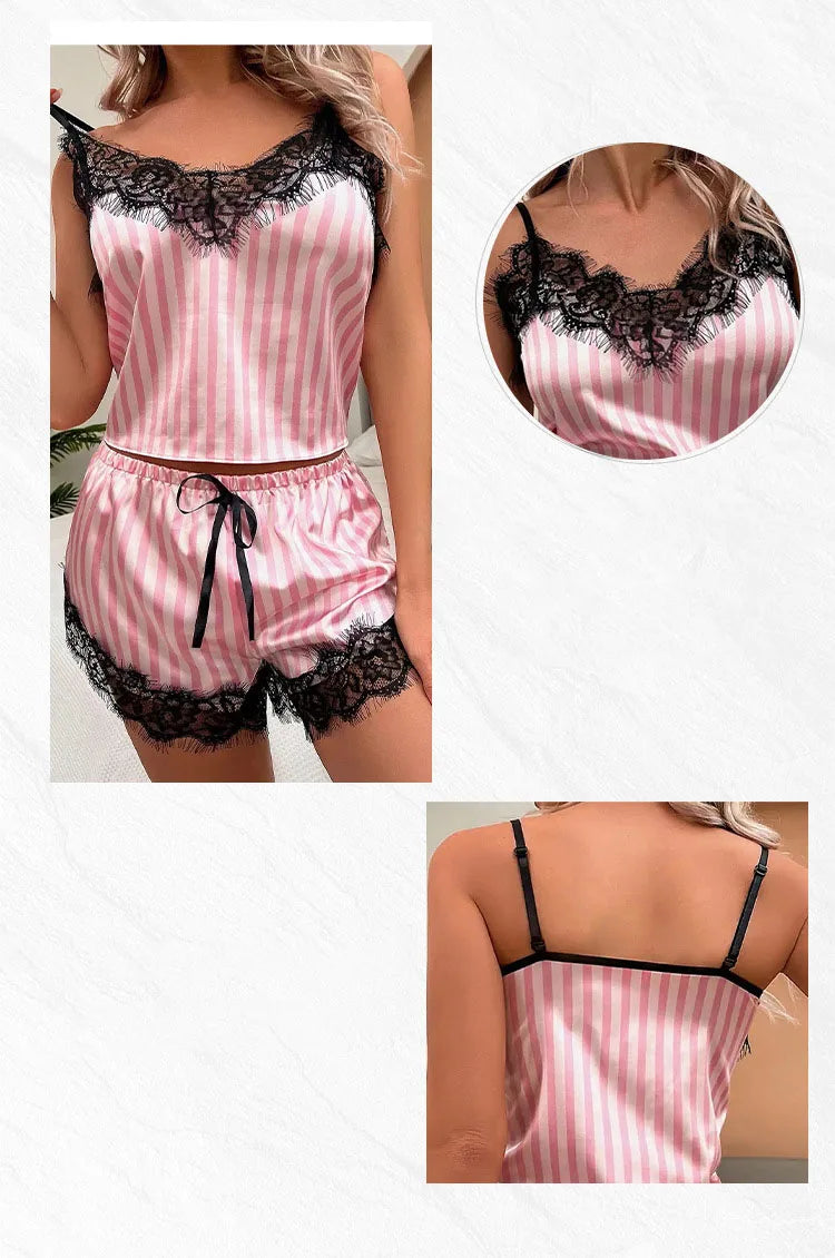 Sexy Women Striped Pajama Set Cami Top and Shorts Set with Lace Trim Sleepwear Loungewear  Nightwear Fashion Pink Plus Size