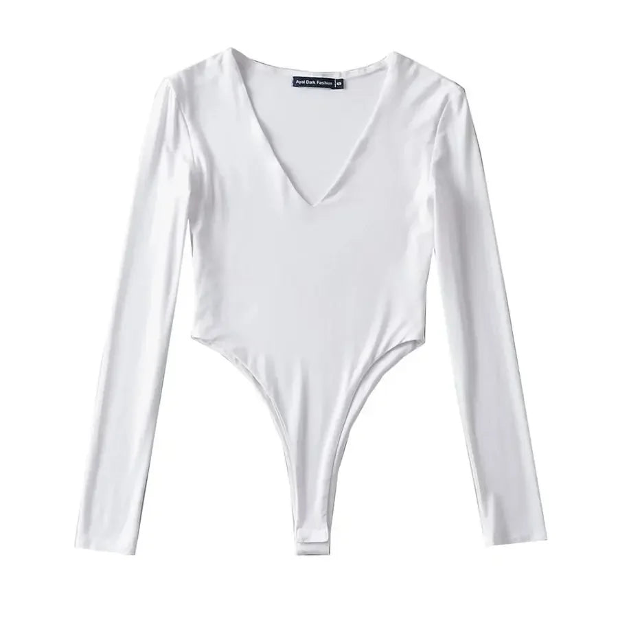 Women's Bodysuit Sexy V-neck Long Sleeve Bottom Shirt Gymnastic Yoga One-pieces Rave Festival Outfit Party Club Lingerie Tops
