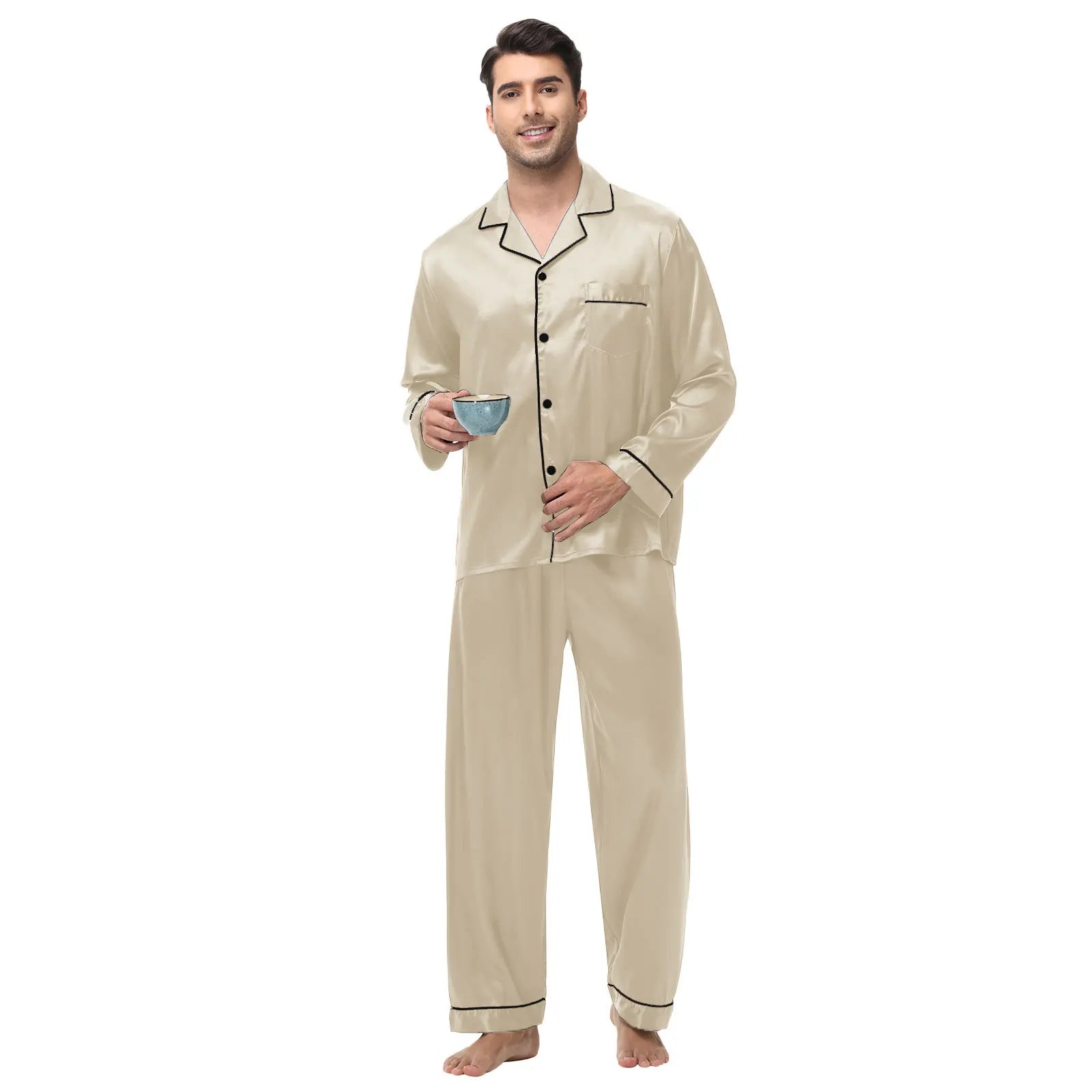 Men Pajamas Set Silk Satin Sleepwear for Man Shirt Long Sleeve Pijama Male Fashion Soft Loungewear S-2XL Size Spring Nightwear