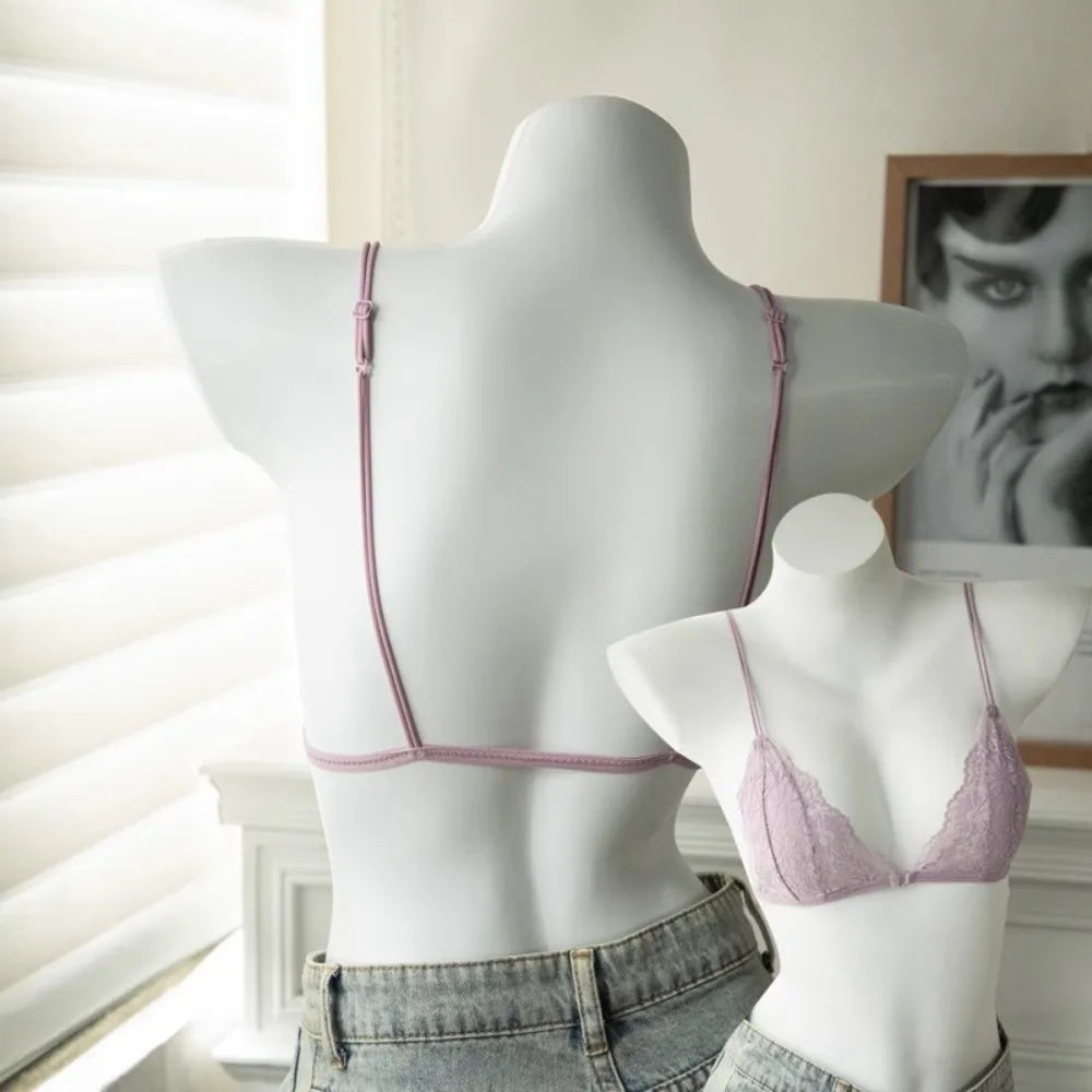 Ultra-thin Shoulder Strap Lace Wireless V Bra Shockproof Front Button Lingerie Brassiere for Women Seamless Gathered Breasts