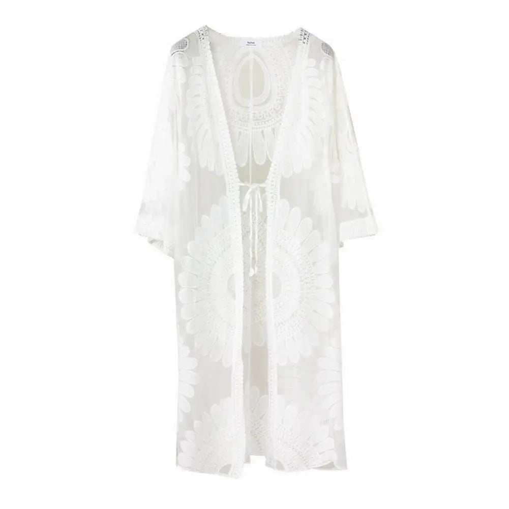 Flower Lace Cover-ups Beachwear White Cardigan Beach Cover Ups for Swimwear Women Bath Exits Outfits Solid Knitted Wear Coverup