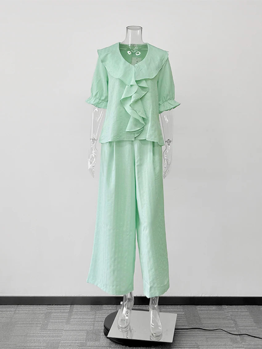 Women Linen Pajama 2 Piece Set Short Sleeve Front Ruffle Shirt PJs Pants Lounge Cute Sleepwear Casual Homewear Set