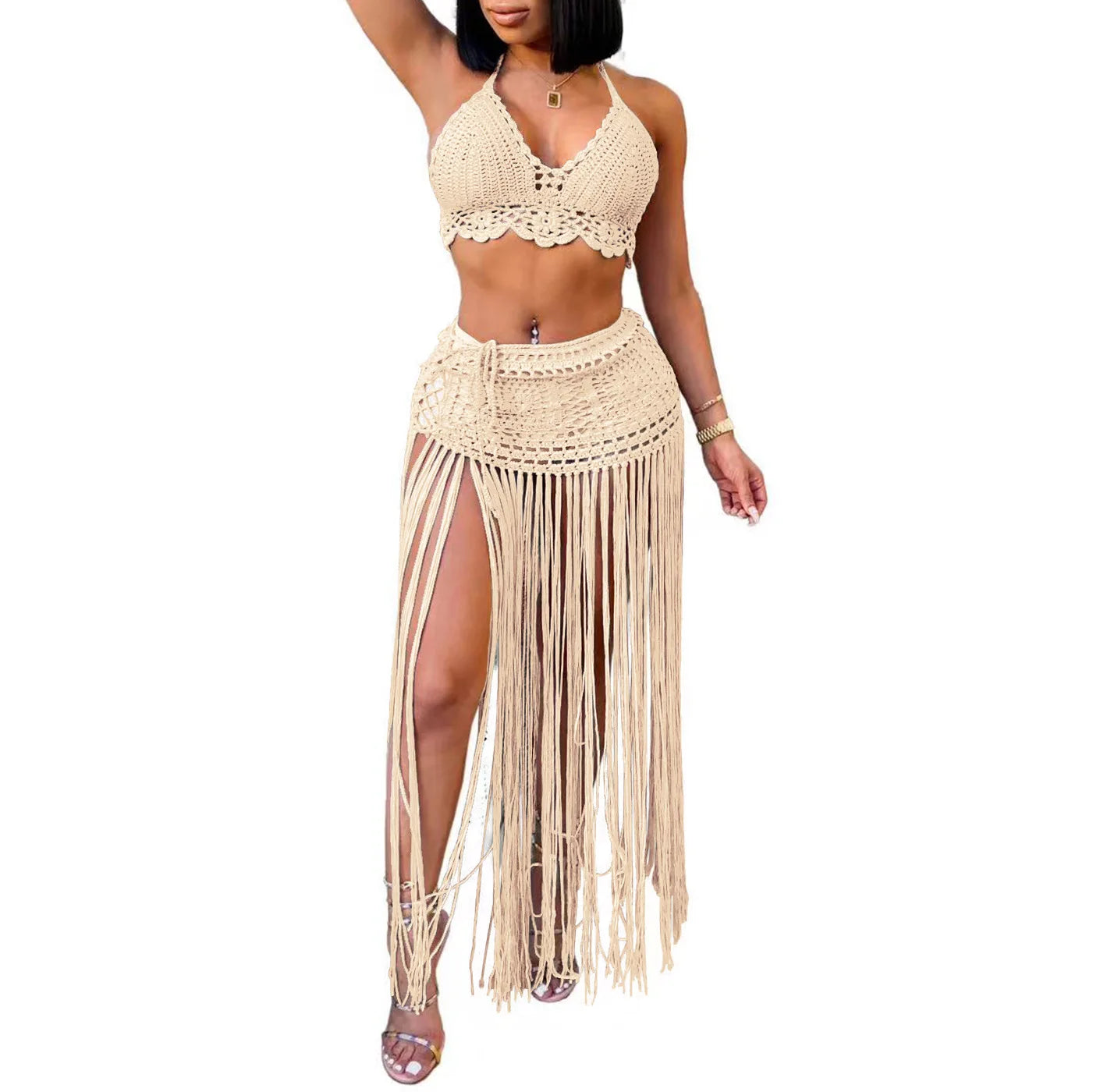 New Women's Two Pieces Swimsuits Beach Style Knitted Bikini Tops High Waist Tassel Long Skirts Female Sexy Cover Up Bikini Sets