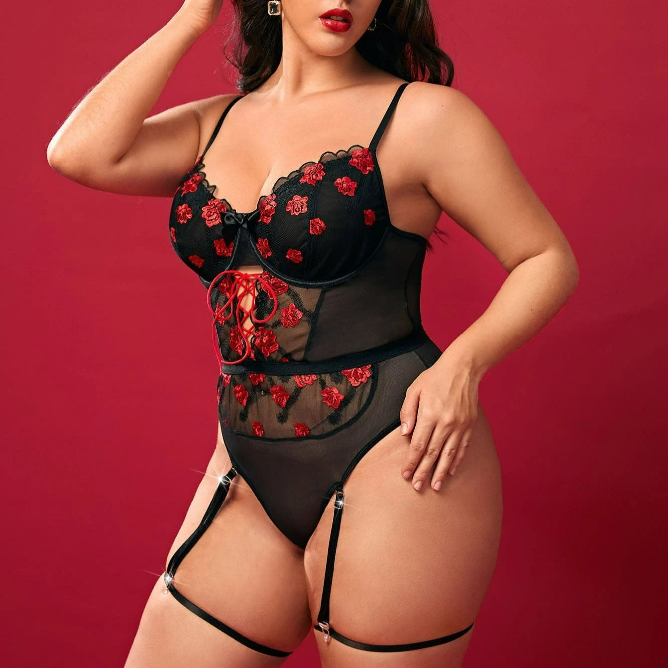 Curvy Women Rose Embroidered Lace Lingerie Bodysuit Sheer Mesh Garter Teddy Corset Babydoll Sexy Exotic Nightwear