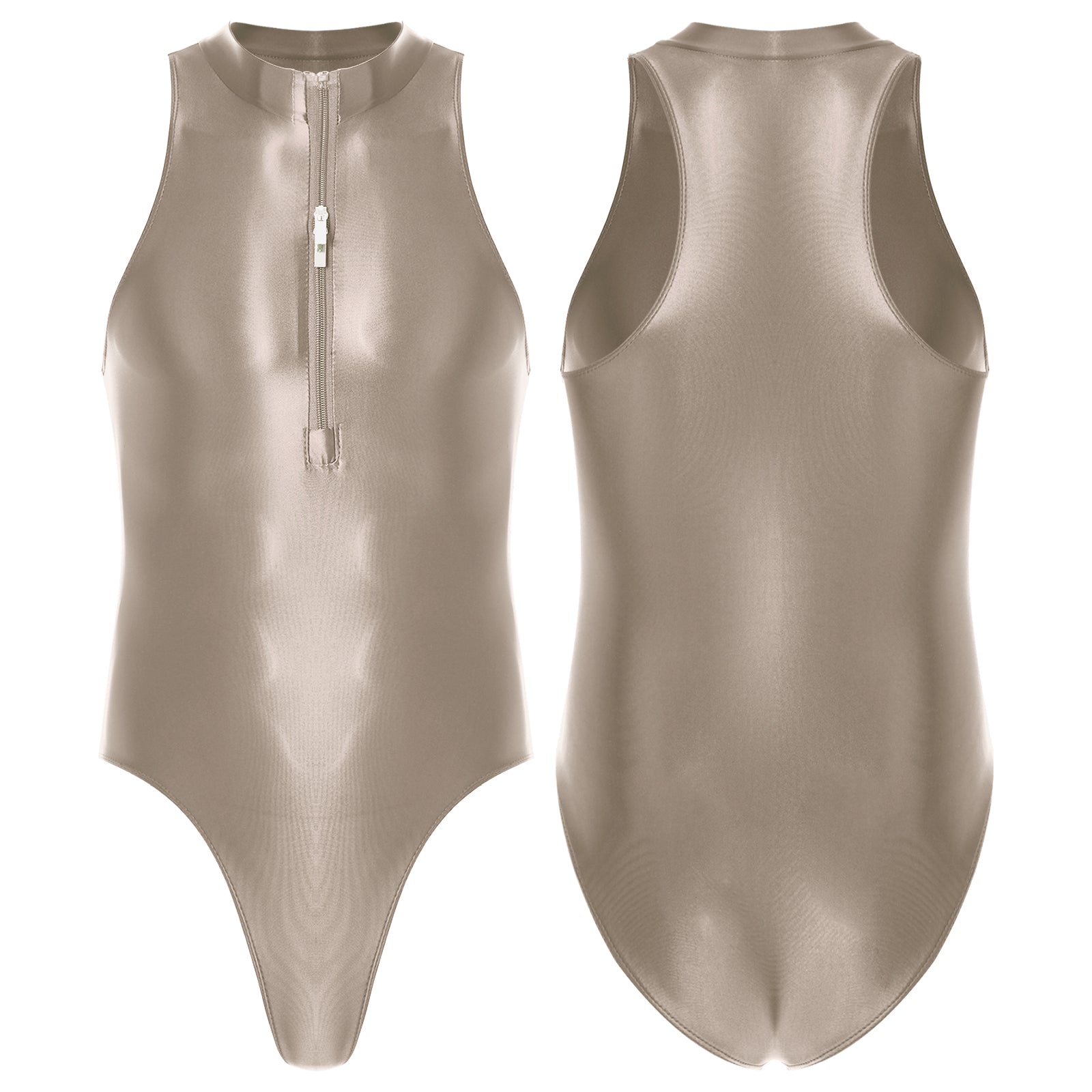 One-Piece Men's Swimsuit Glossy Sleeveless Bodysuit Swimwear Solid Color Front Leotard Hommes Bathing Suits Party Clubwear