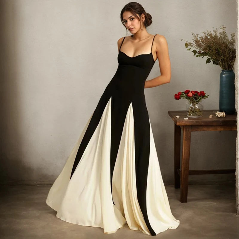 Sexy Sleeveless Women's Slip Dresses Elegant Contrast Color Spaghetti Straps Backless Long Dress Fashion Luxury Party Vestidos
