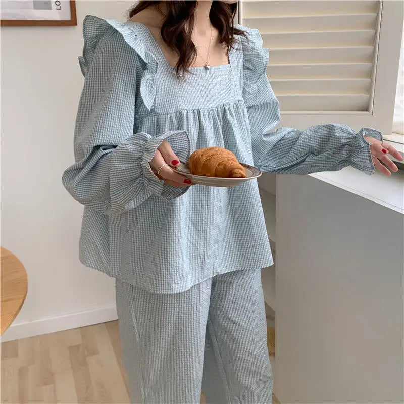 Pajama Sets Women Plaid Harajuku Schoolgirl Sweet Style Autumn Simple Sleepwear Square Collar Ins Popular Lovely Nightwear Daily