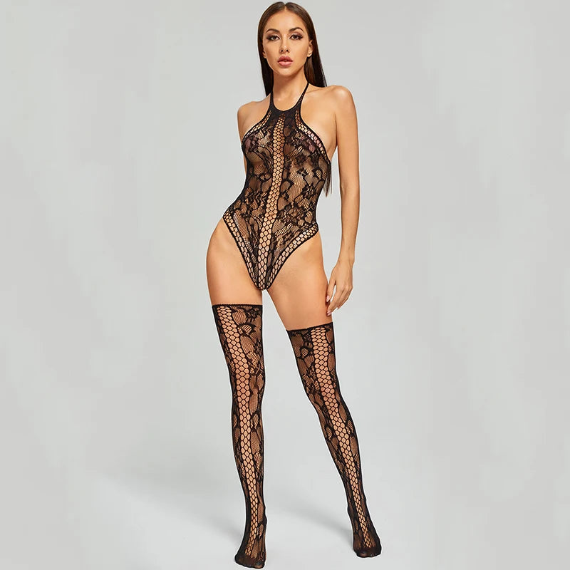 New Sexy Babydolls Erotic Lingerie Women Fishnet Hollow Bodysuit Mesh Teddy Babydoll Dress Sleeveless Hanging Neck Underwear Set