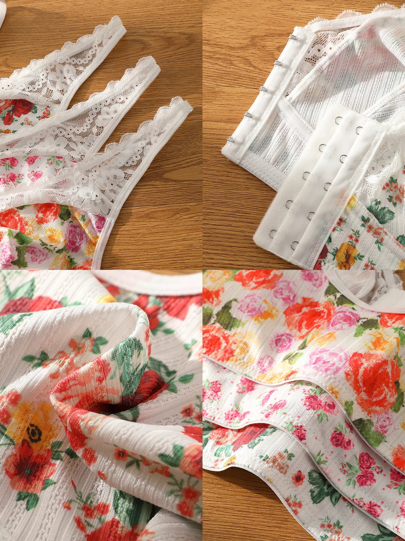 Three piece romantic and elegant floral printed lace bra with five rows of front buttons and adjustable shoulder straps