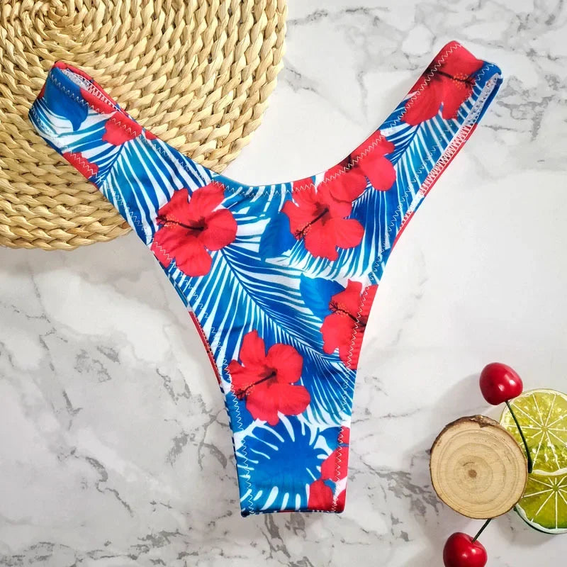 New Floral Print Brazilian Bikini Bottom Women's Swimwear High Waisted Sexy V Thong Swimsuit Bathing Suit Women Swimwear Women