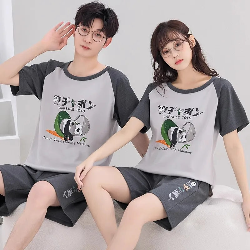 Lovers Pajama Set Cotton Cartoon Cute Nightwear For Men Women Homewear Plus Size Summer Thin Pyjamas Couples Pjs Loungewear