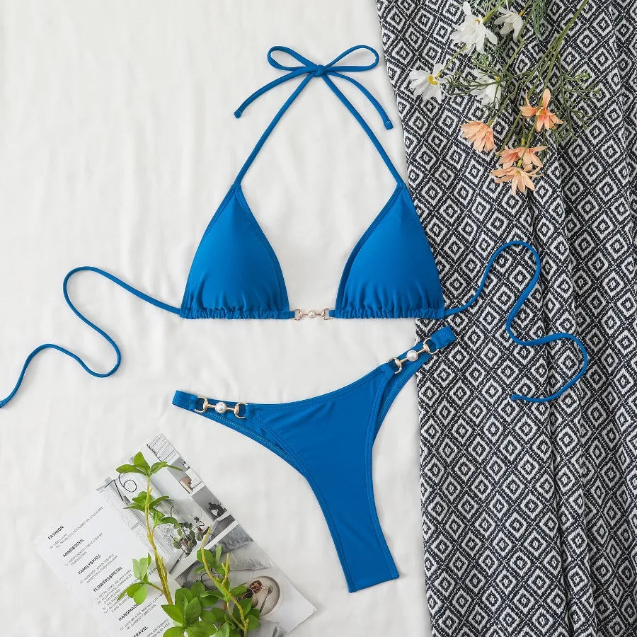 New Two-Piece Bikini Set Sexy Triangle Tie-Up Swimsuit Beach Vacation Swimwear Summer Trendy Top Bottom Beachwear Resort Outfit