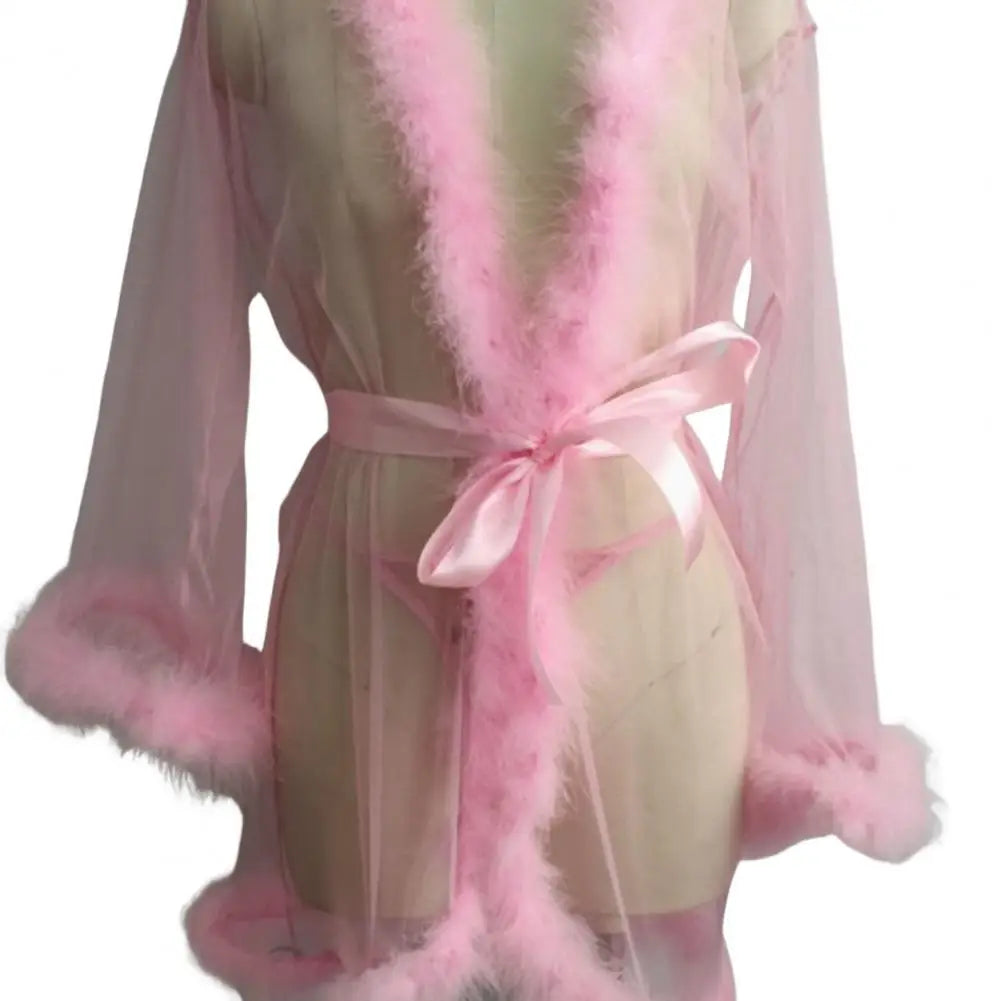 Female Sheer Shapewear Robes Fashoin Long Sleeve Plush Spliced Thin Lingerie Women Lace Up Erotic Midi Long Sexy Robes