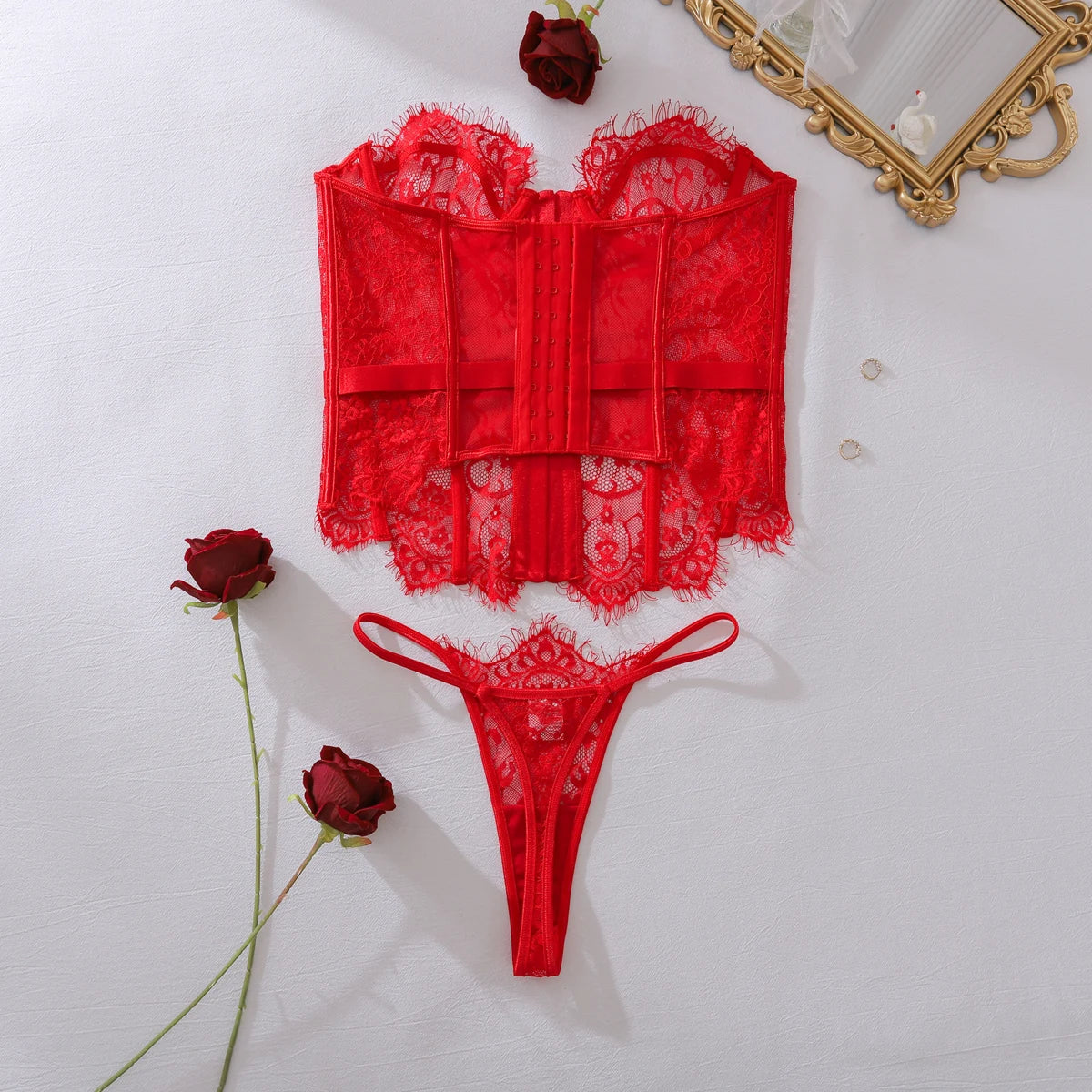 2025 new product: two-piece lingerie set for women, featuring eyelash lace, wavy low-cut fishbone design, and sexy body-shaping