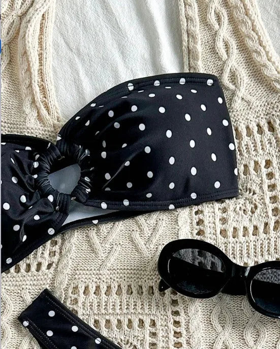 2026 Bikini Woman 2025 Swimsuit Women Printed Bikinis Black Bandeau Top Thong Bottom Swimwear Polka Dot Two Piece High Cut