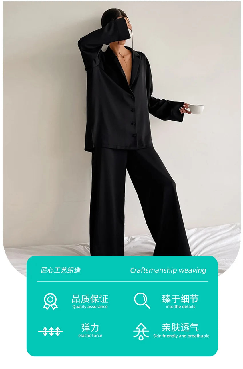 Two Pieces Women Pajama Sets Single Breasted Blouses Lounge Full Sleeve Spliced Straight Pants Casual Solid Lady Sleepwear