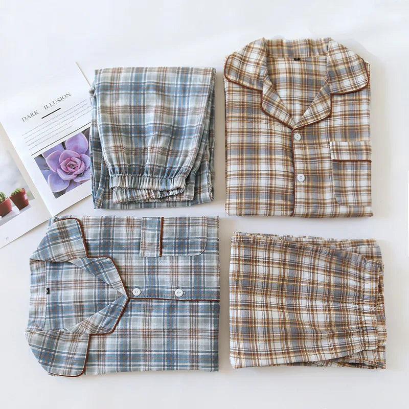 2026 Japanese New Men's Pajama Set Spring/Summer Checkered Simple Long sleeved Two Piece Set 100%Cotton Cardigan Home Furnishing