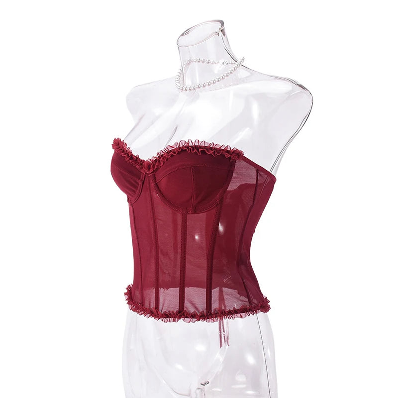 Women Sheer Lingerie Streetwear Lace-up Bustier Corset Tops Slim Backless y2k Tank Top Strapless Striped Sheath Sexy Camisole